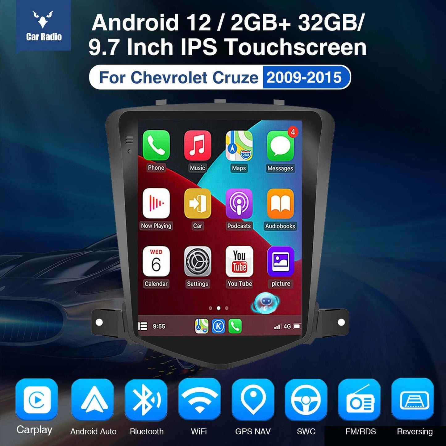 ESSGOO|BluetoothCarStereoForChevroletCruze2009-2015,WirelessCarplay&AndroidAutoWithSteeringWheelControls