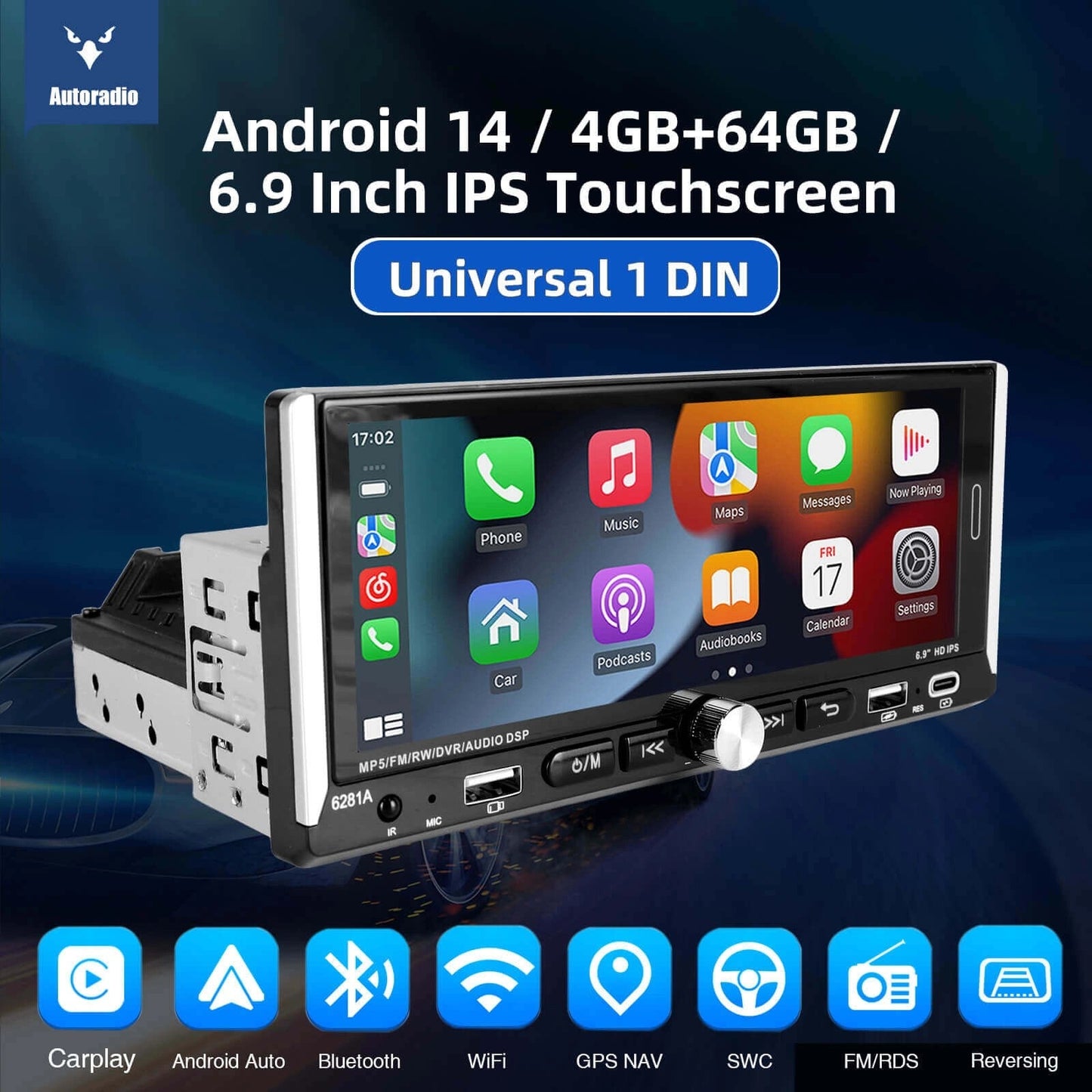 ESSGOO6281A6.9Inch|AudioSystemsMultimediaCarStereoSingleDinMP5PlayerFM/RDSWirelessAppleCarPlay&AndroidAuto