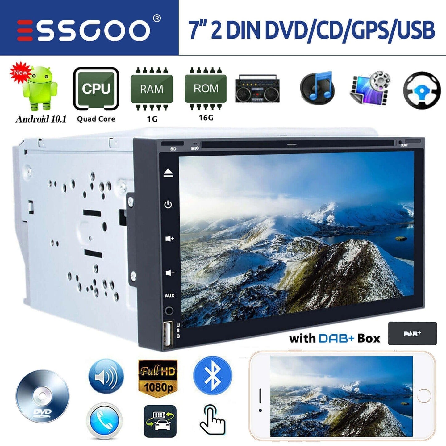 ESSGOOAndroid10CarStereoDAB+DVDCDPlayerBluetoothSatNavUSBDoubleDIN