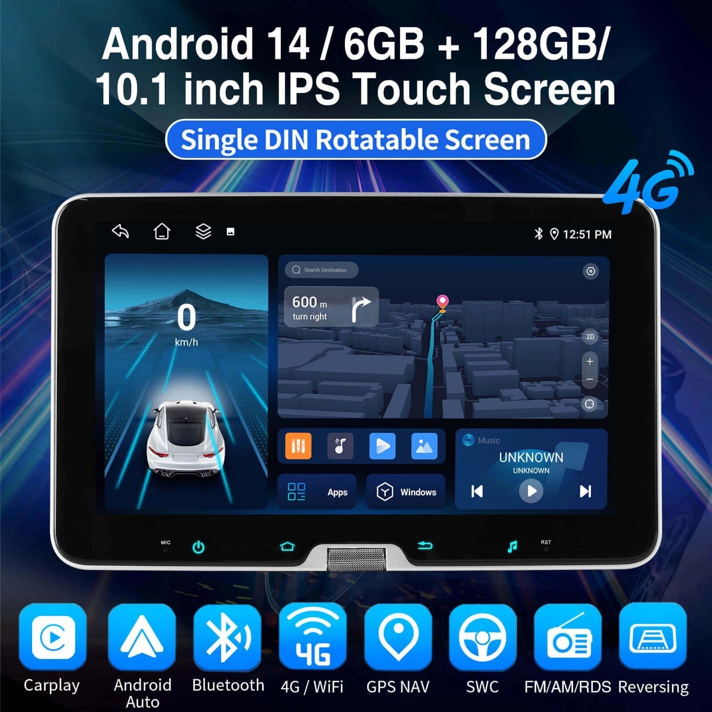 ESSGOOAR1001MP5|Android1410.1-inchIPSTouchscreen-SingleDINRotatableScreen,Bluetooth5.1,WirelessAppleCarPlay&WirelessAndroidAuto,FMRDS