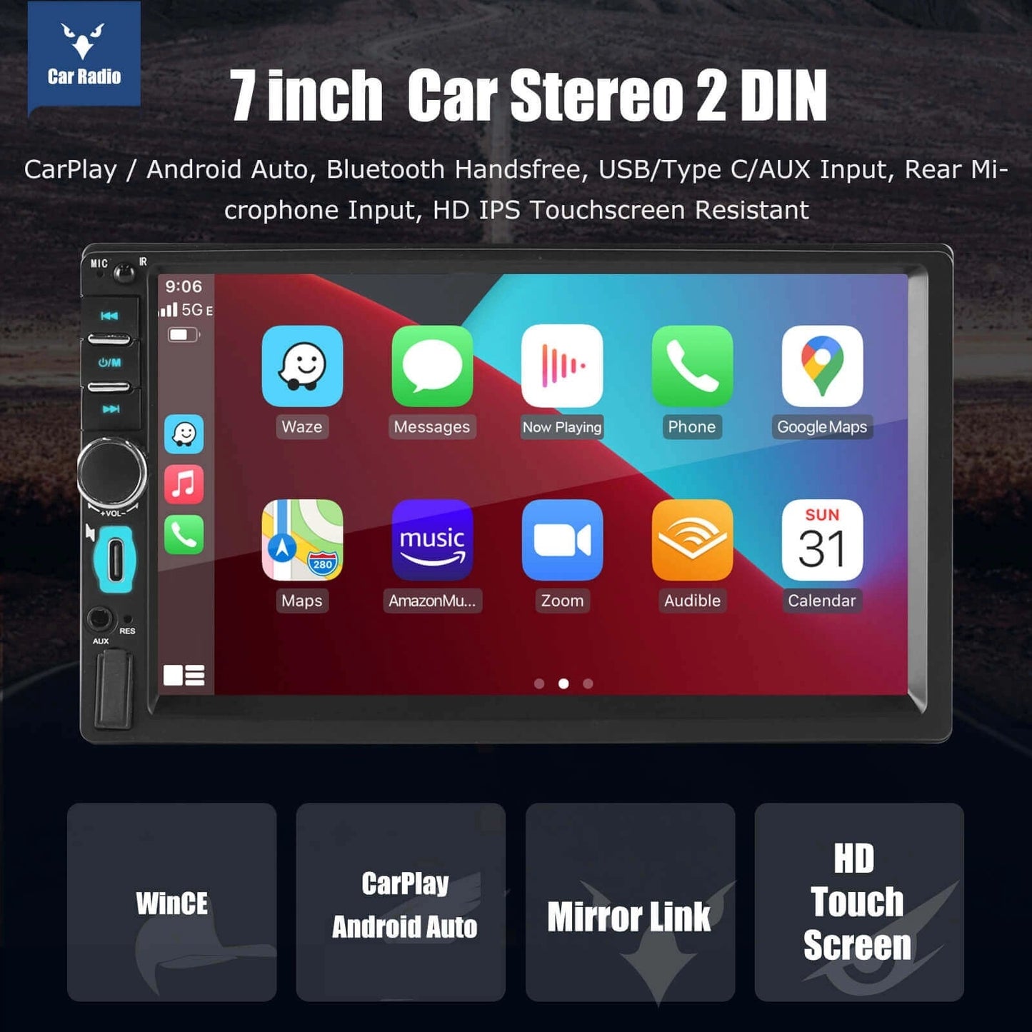 ESSGOOMP57018B|2DIN,WinCEsystem7-inchHDIPSTouchscreenCarStereo,Bluetooth5.0,WiredCarPlay&WiredAndroidAuto,FM
