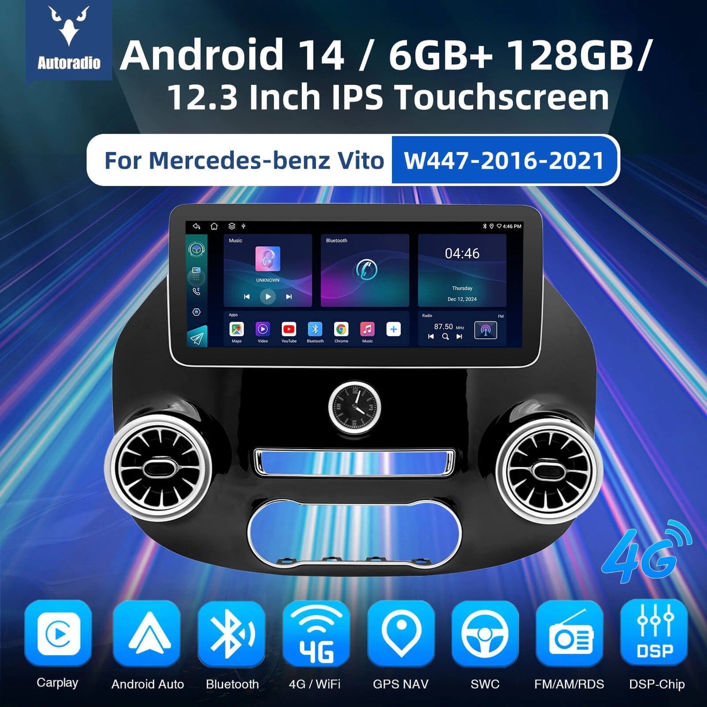 ESSGOOMP5Android14,12.3-inchIPSTouchscreen-ForBenzVitoW447-2016-2021,Bluetooth5AppleCarPlay&AndroidAutoFMRDSDAB