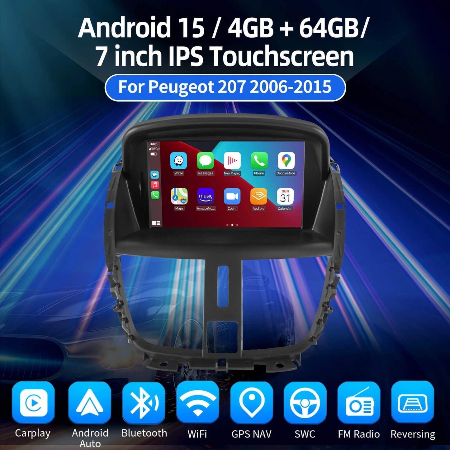 ESSGOOMP5AR7001|Android157-inchIPSTouchscreenCarStereo-ForPeugeot2072006-2015,Bluetooth4.1,CarPlay&AndroidAuto,FM