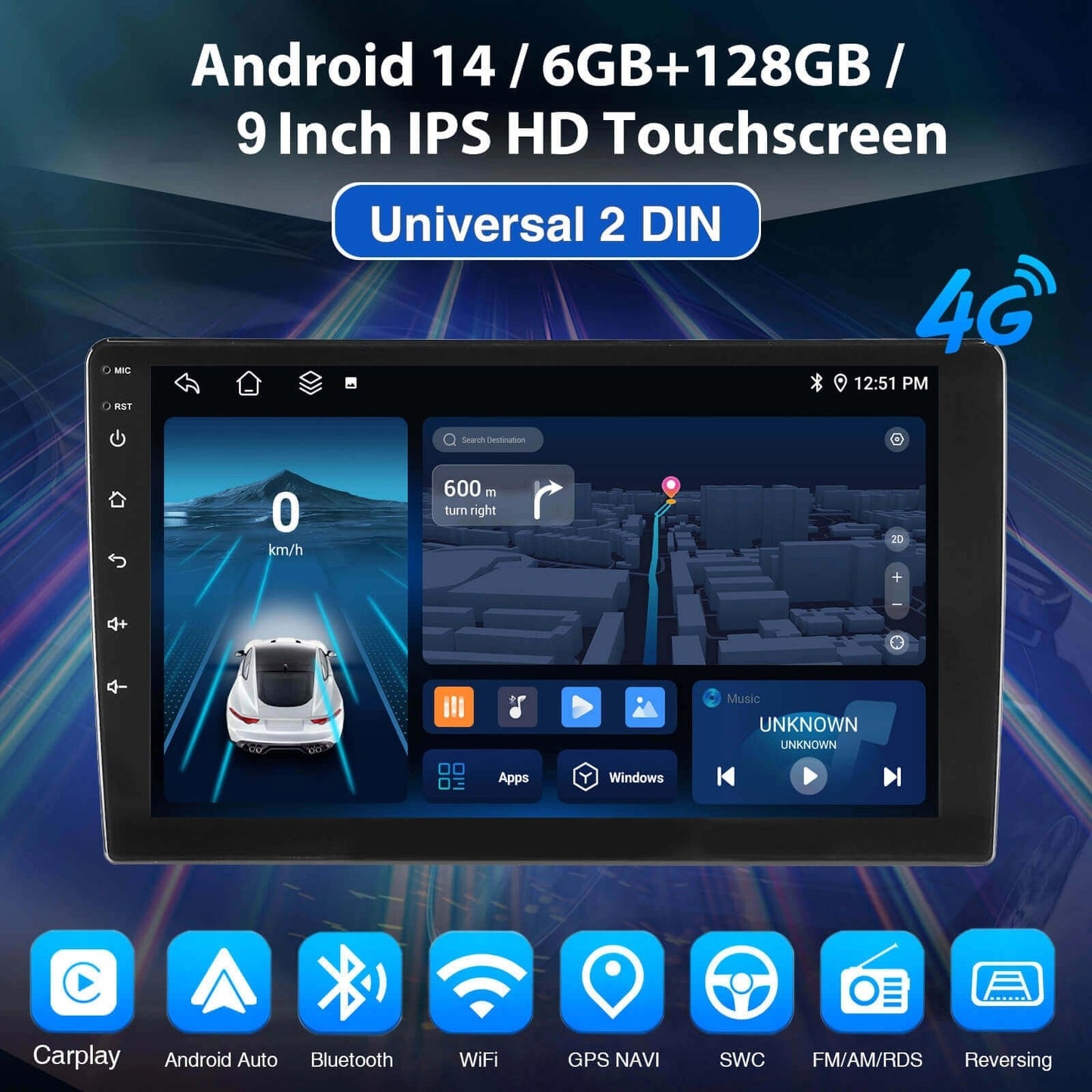 ESSGOOMP5AR9001|Universal2DINAndroid14,9-inchQLEDDisplay,Bluetooth5.0,WirelessAppleCarPlay&WirelessAndroidAuto,FMRDS