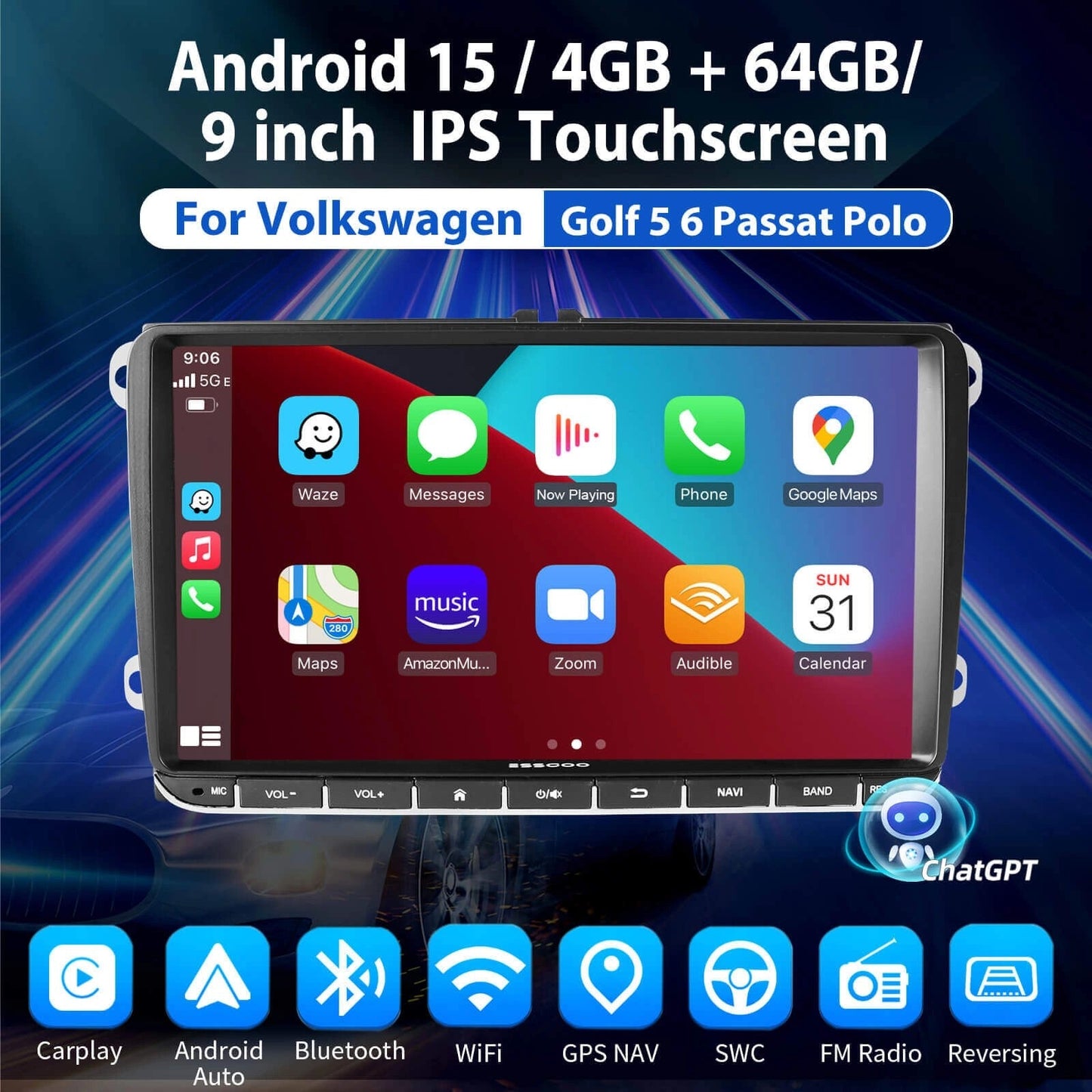 ESSGOOMP5AR9002|Android15,9-inchIPSTouchscreen-ForVolkswagen,Bluetooth4.1,AppleCarPlay&AndroidAuto,FMRDS
