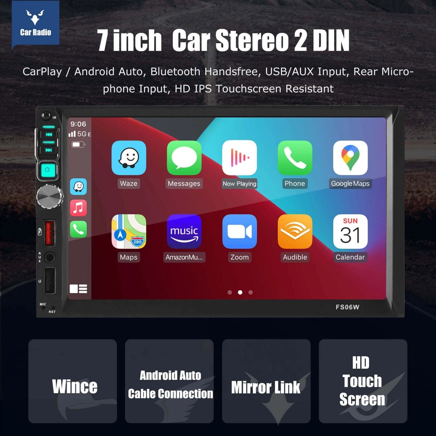 ESSGOOMP5FS06W|2DIN,Wincesystem7-inchHDIPSTouchscreenCarStereo,Bluetooth5.1,WiredCarPlay&WiredAndroidAuto,FMUSBAUX