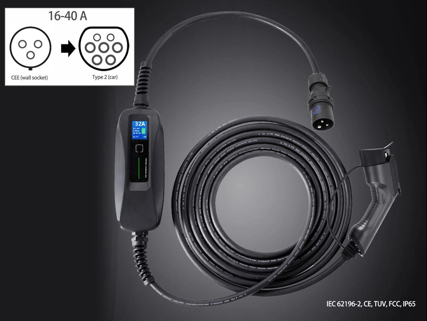 PortableEVChargerwithLCDDisplay,CEE(wallsocket)toType2(car),16-40A,5m,Besen