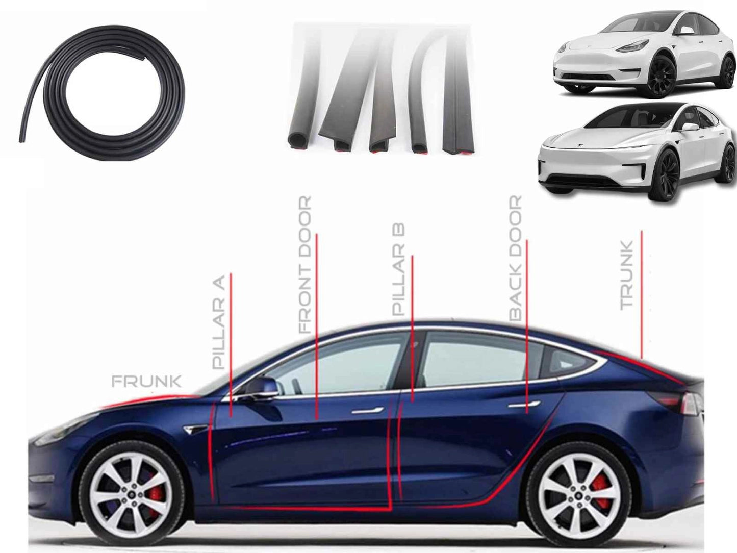 TeslaModelY(incl.2025Juniper):RubberSealStripsSetforOverallProtectionandNoiseReduction(4Doors,ABPillar,FrunkandTrunk)