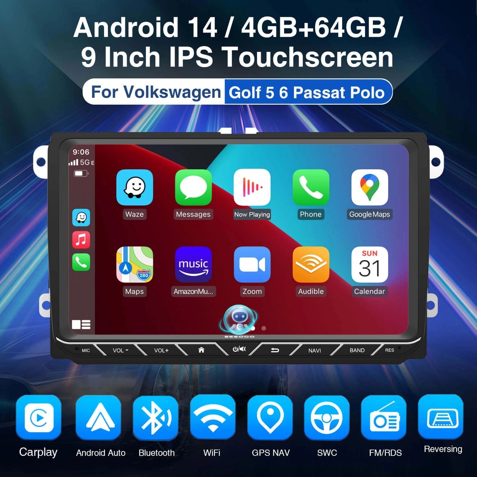 ESSGOO9618|MP5Android14,9-inchIPSTouchscreen-ForVolkswagen,Bluetooth4.1WirelessCarPlay&AndroidAuto