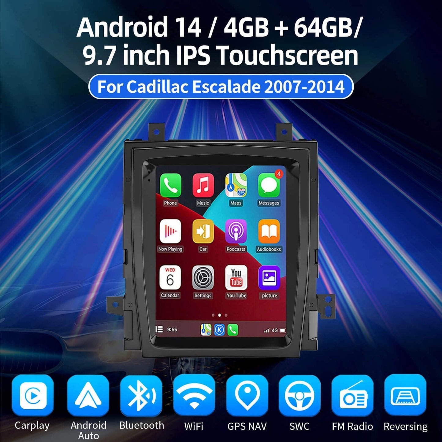 ESSGOOAR1001|MP5Android14,9.7-inchIPSTouchscreen-ForCadillacEscalade2007-2014,Bluetooth4.1AppleCarPlay&AndroidAutoFMRDS