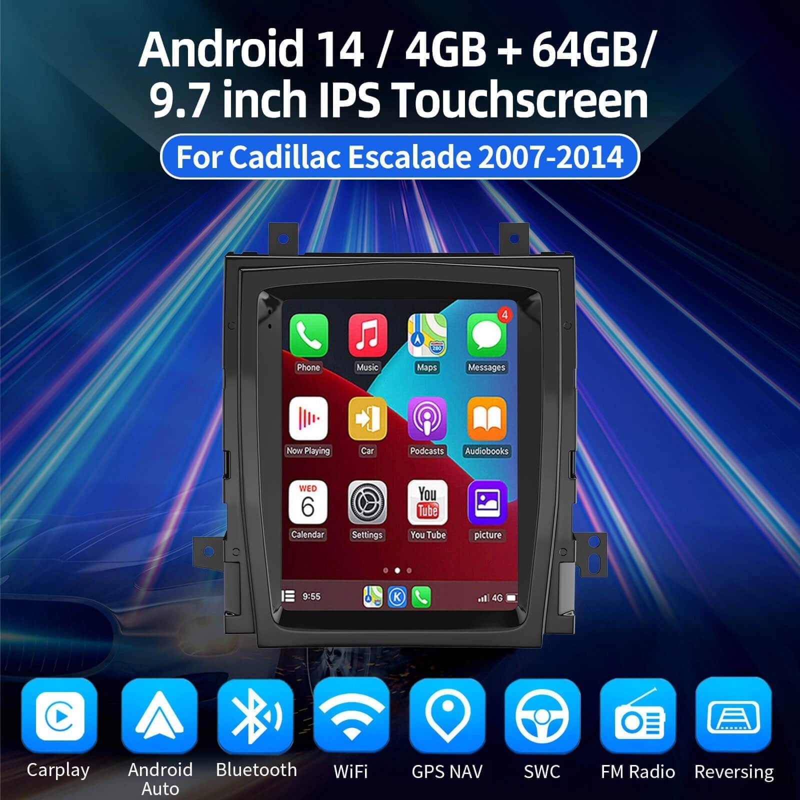 ESSGOOAR1001|MP5Android14,9.7-inchIPSTouchscreen-ForCadillacEscalade2007-2014,Bluetooth4.1AppleCarPlay&AndroidAutoFMRDS