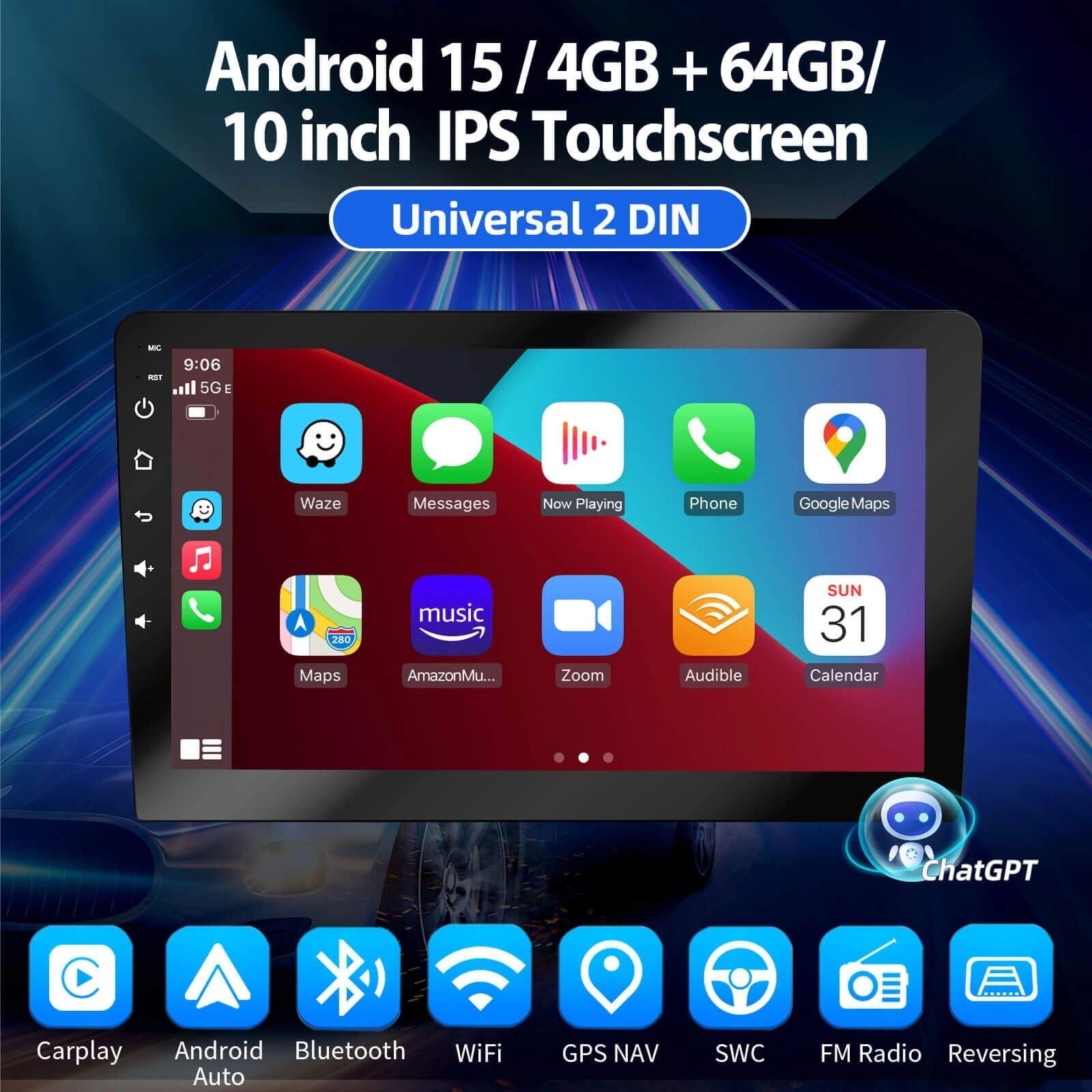 ESSGOOAR1001MP5|2DINAndroid1510-inchIPSTouchscreen,Bluetooth4.1,AppleCarPlay&AndroidAuto,FMRDS,AIVoicecontrol(powerdbychatGPT)