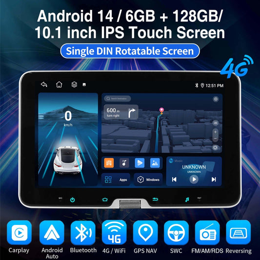ESSGOOAR1001MP5|Android1410.1-inchIPSTouchscreen-SingleDINRotatableScreen,Bluetooth5.1,WirelessAppleCarPlay&WirelessAndroidAuto,FMRDS