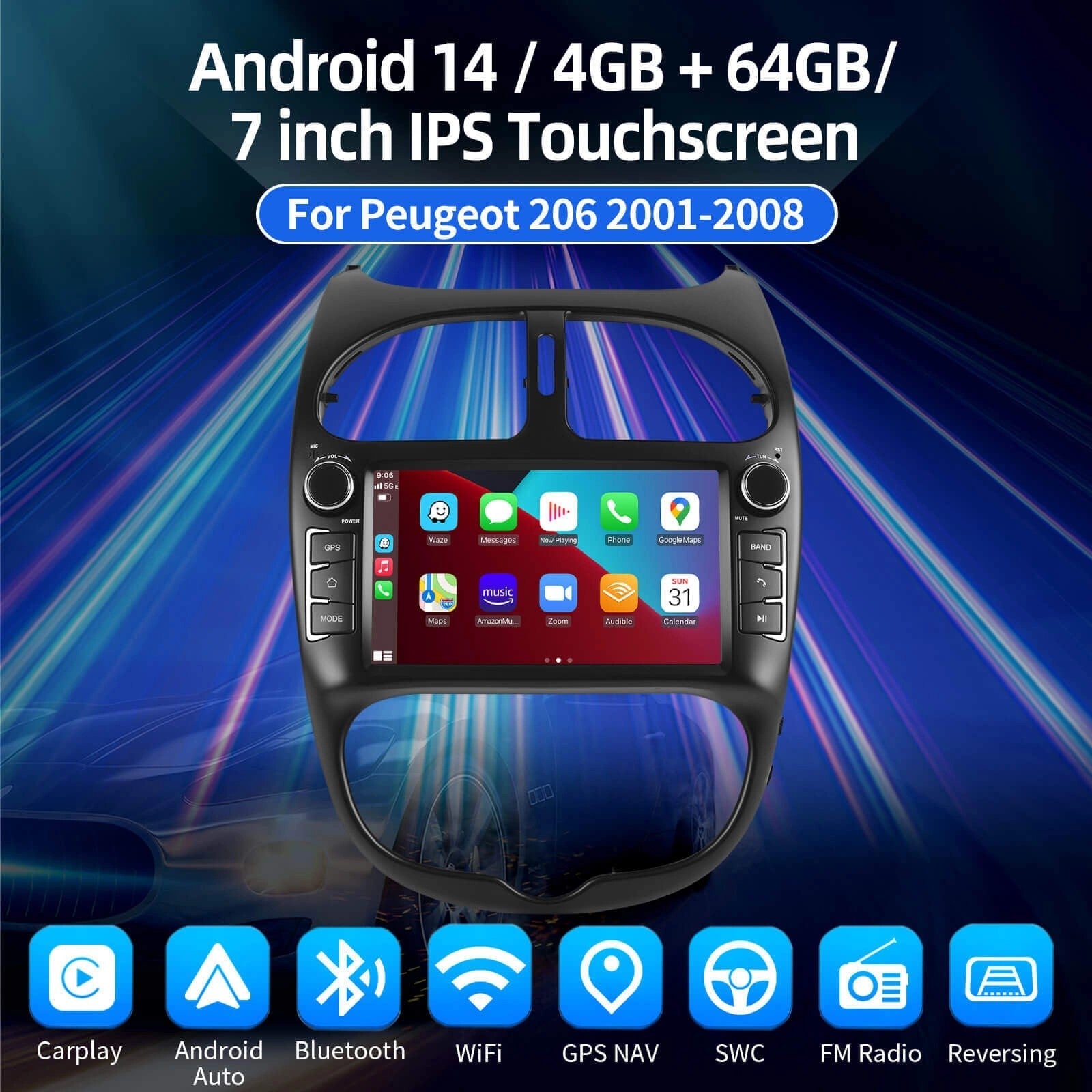 ESSGOOAR7001|7inch-ForPeugeot206-2001-2008BluetoothCarAudio,MP5Bluetooth4.1CarplayandAndroidAuto,FM
