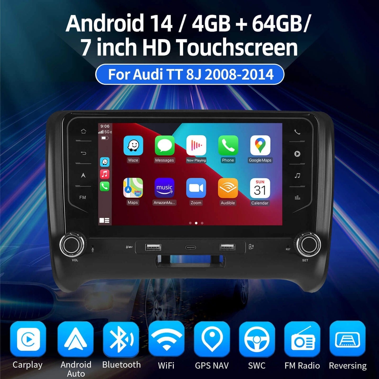 ESSGOOAR7001|Android14,7-inchHDTouchscreen-ForAudiTT8J2008-2014,MP5Bluetooth4.1AppleCarPlay&AndroidAuto