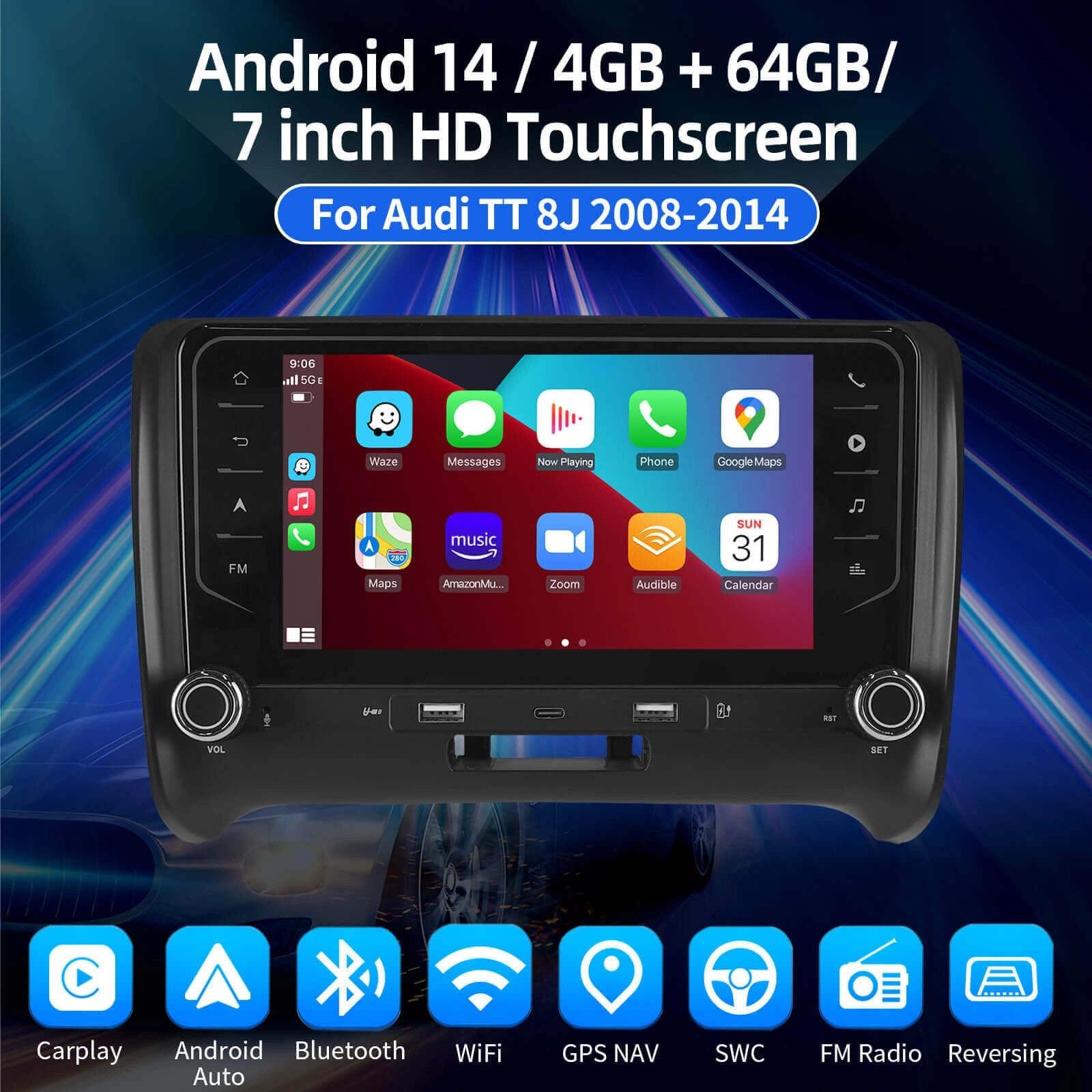 ESSGOOAR7001|Android14,7-inchHDTouchscreen-ForAudiTT8J2008-2014,MP5Bluetooth4.1AppleCarPlay&AndroidAuto
