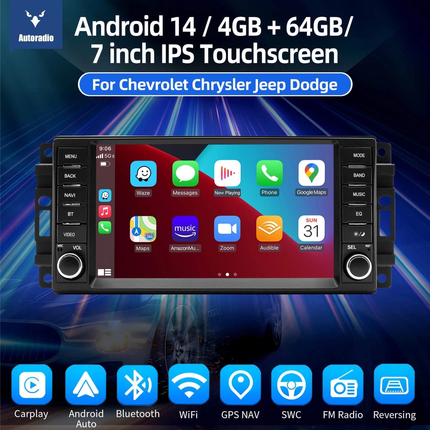 ESSGOOAR7001|MP5Android14,7-inchIPSTouchscreen-ForChevrolet,Chrysler,Jeep,Dodge,Bluetooth4.1AppleCarPlay&AndroidAutoFMRDS