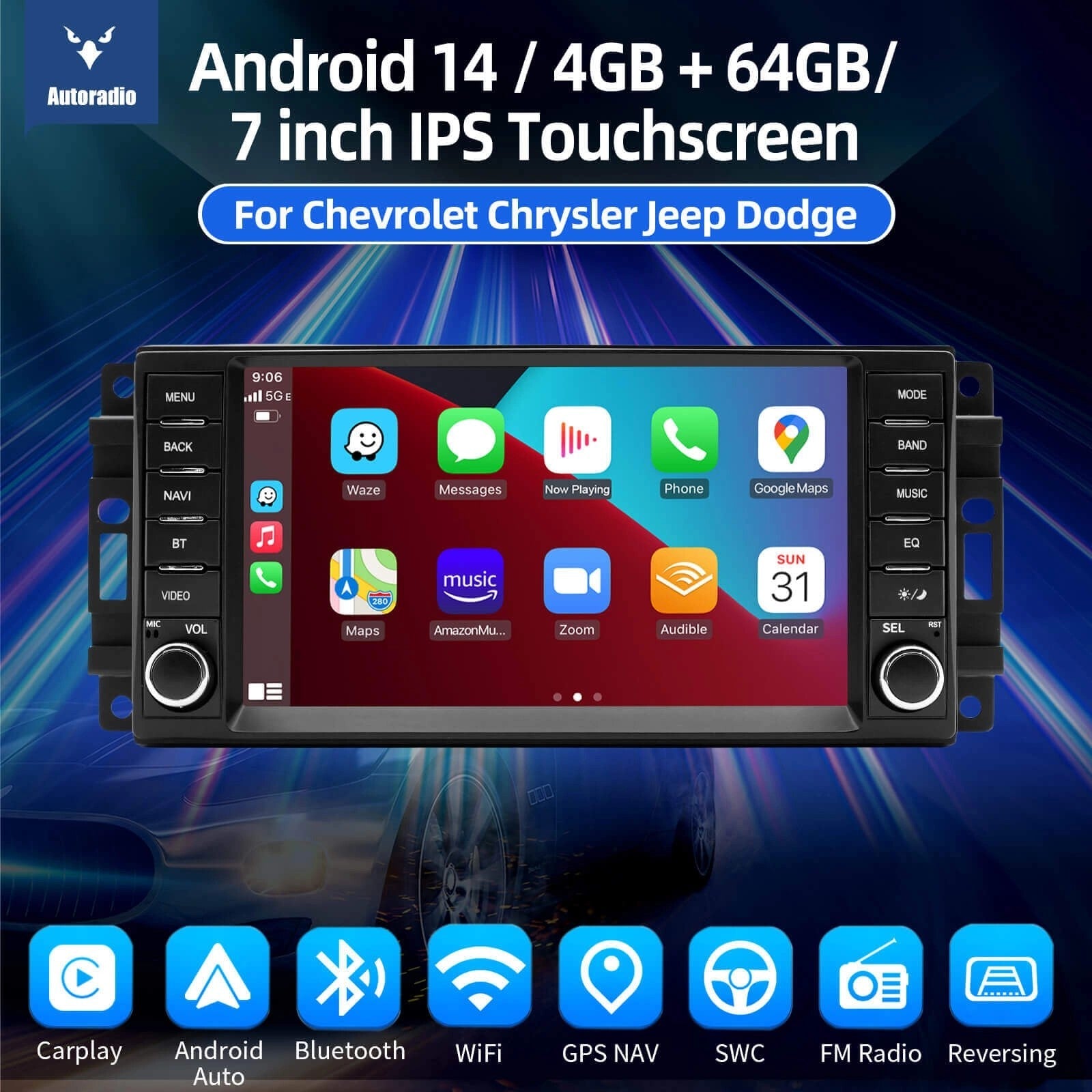 ESSGOOAR7001|MP5Android14,7-inchIPSTouchscreen-ForChevrolet,Chrysler,Jeep,Dodge,Bluetooth4.1AppleCarPlay&AndroidAutoFMRDS