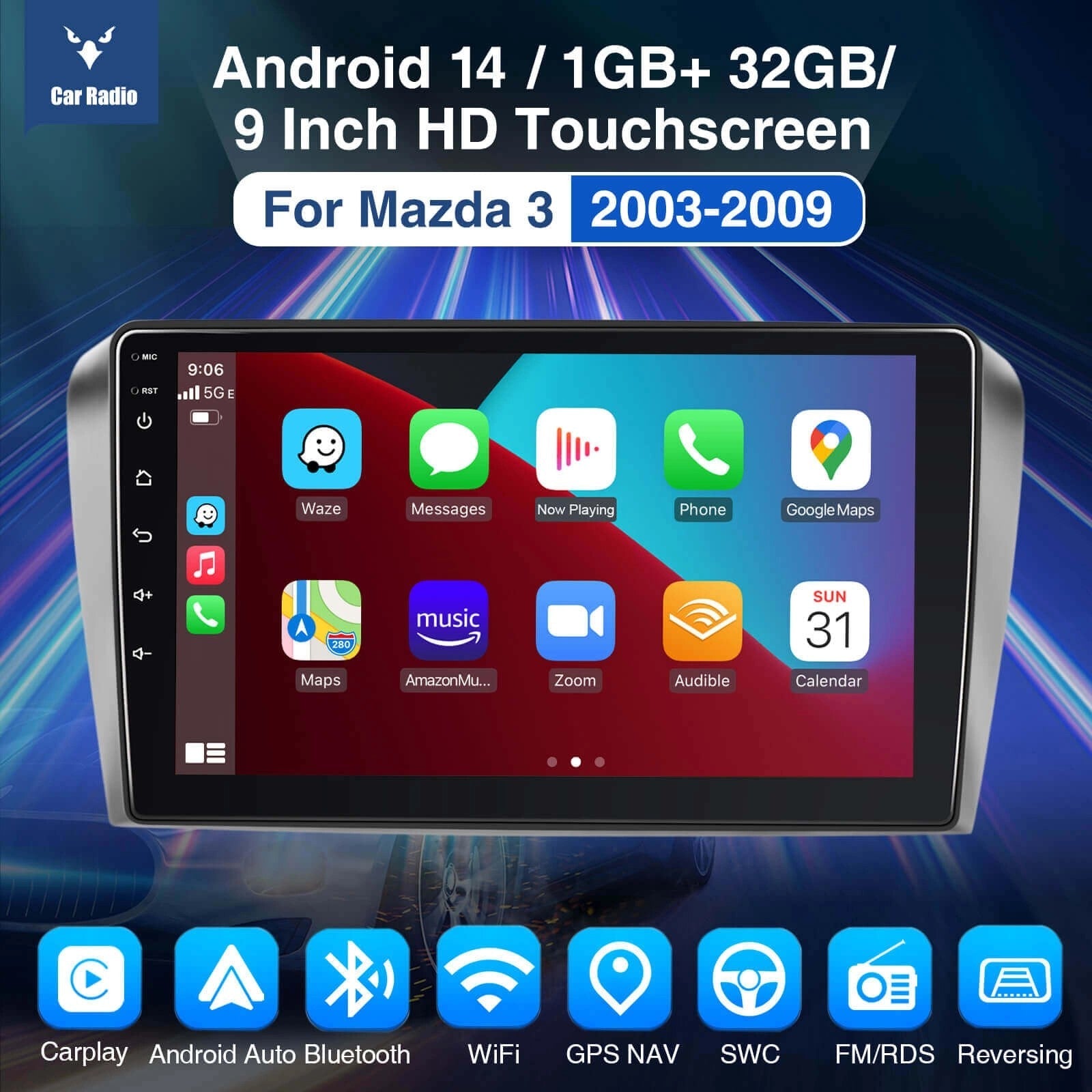 ESSGOOAR9001|BluetoothCarStereoFor2004-2009Mazda3,WirelessCarplay&AndroidAutoWithFMRadioBluetoothWIFIGPS