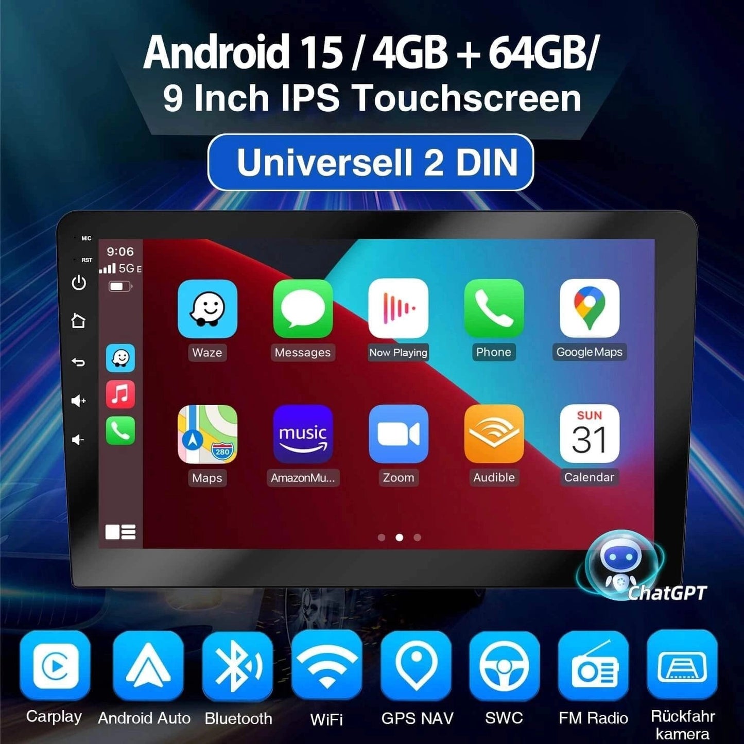 ESSGOOAR9001MP5|2DINAndroid159-inchIPSTouchscreen,Bluetooth4.1,AppleCarPlay&AndroidAuto,FMRDS