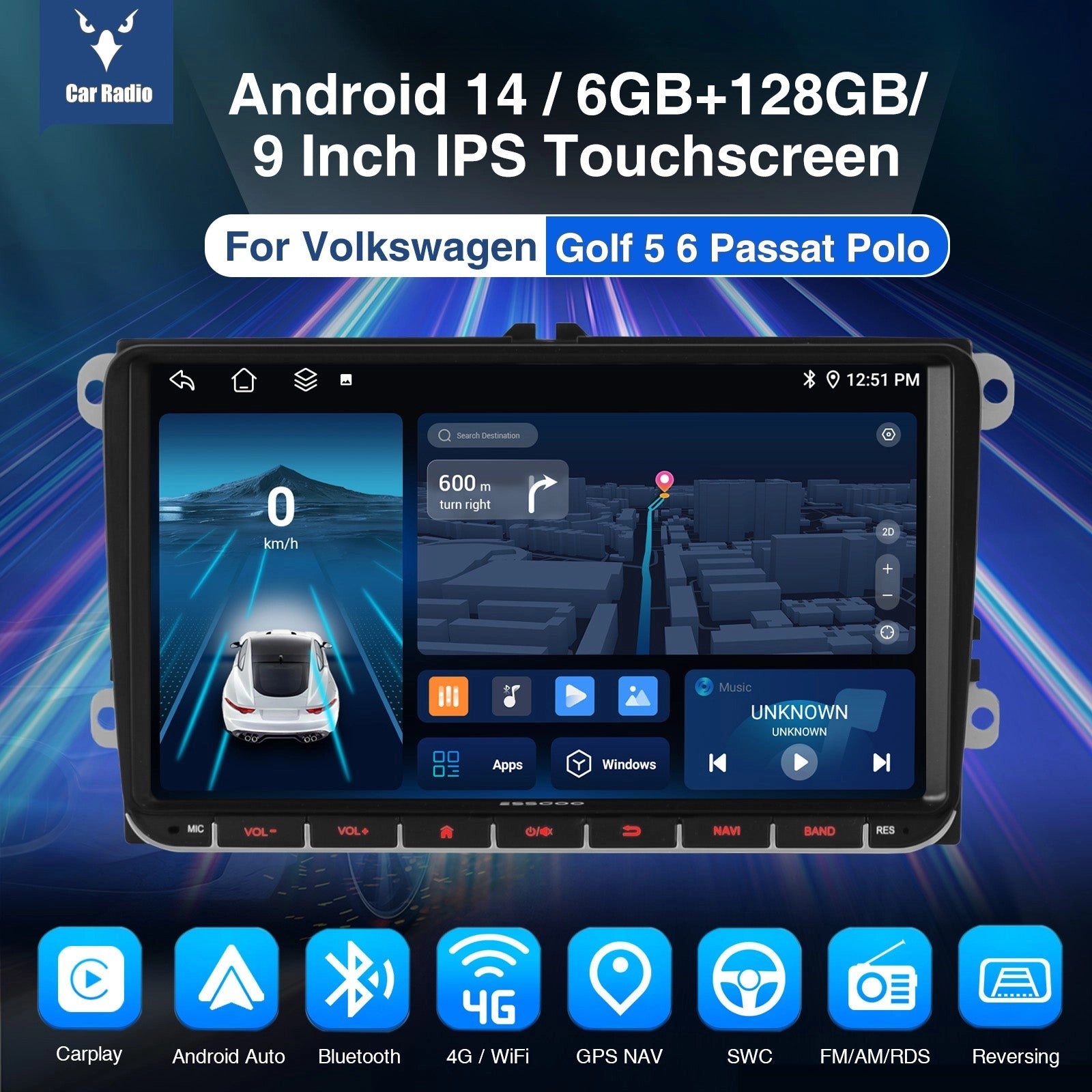 ESSGOOAR9002|9-InchAndroid14In-CarMultimediaPlayer,Bluetooth5.0,FM/AM/RDS,AppleCarPlay&AndroidAutoForVolkswagen