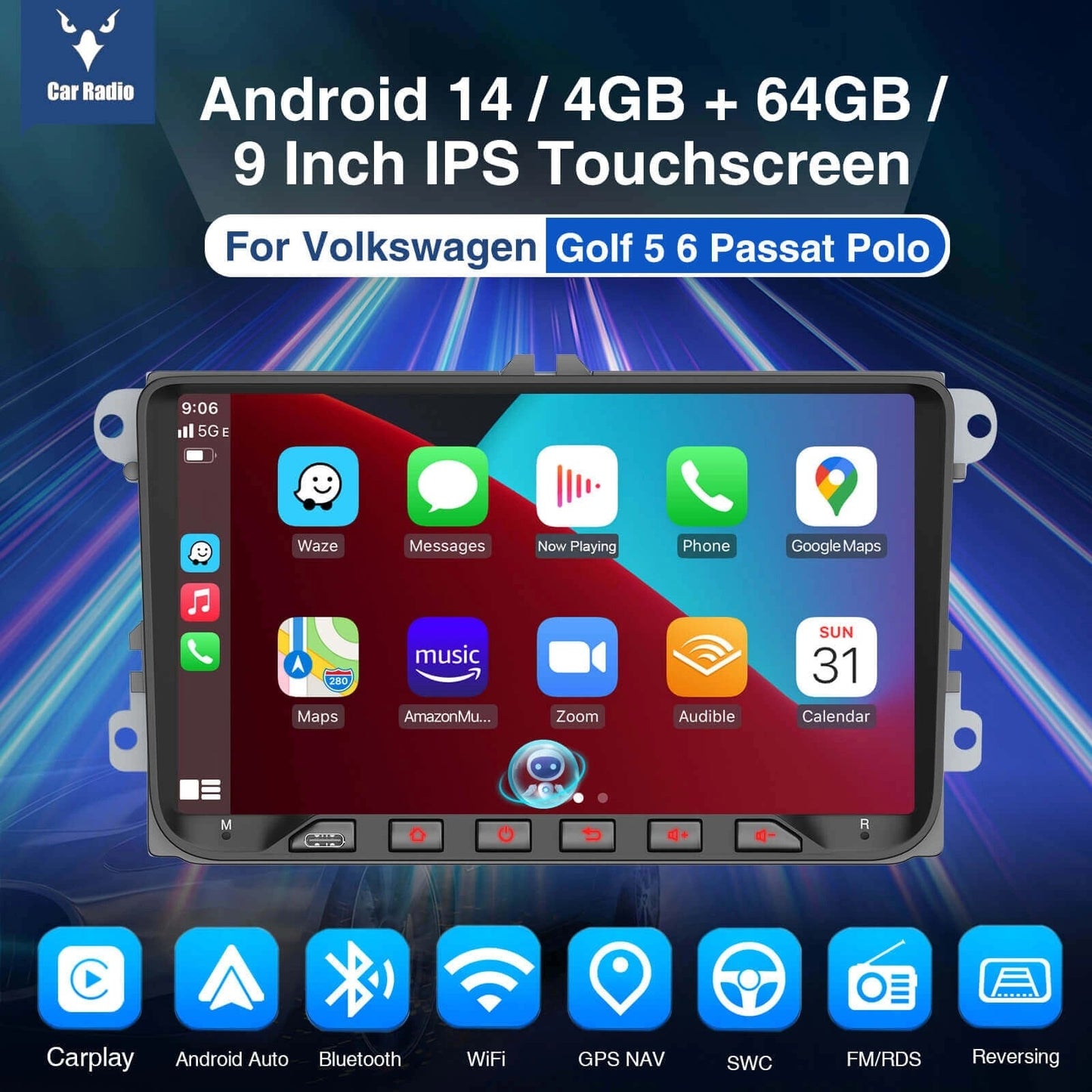 ESSGOOAR9002|MP5Android14,9-inchIPSTouchscreen-ForVolkswagen,Bluetooth4.1AppleCarPlay&AndroidAuto,FM/RDS
