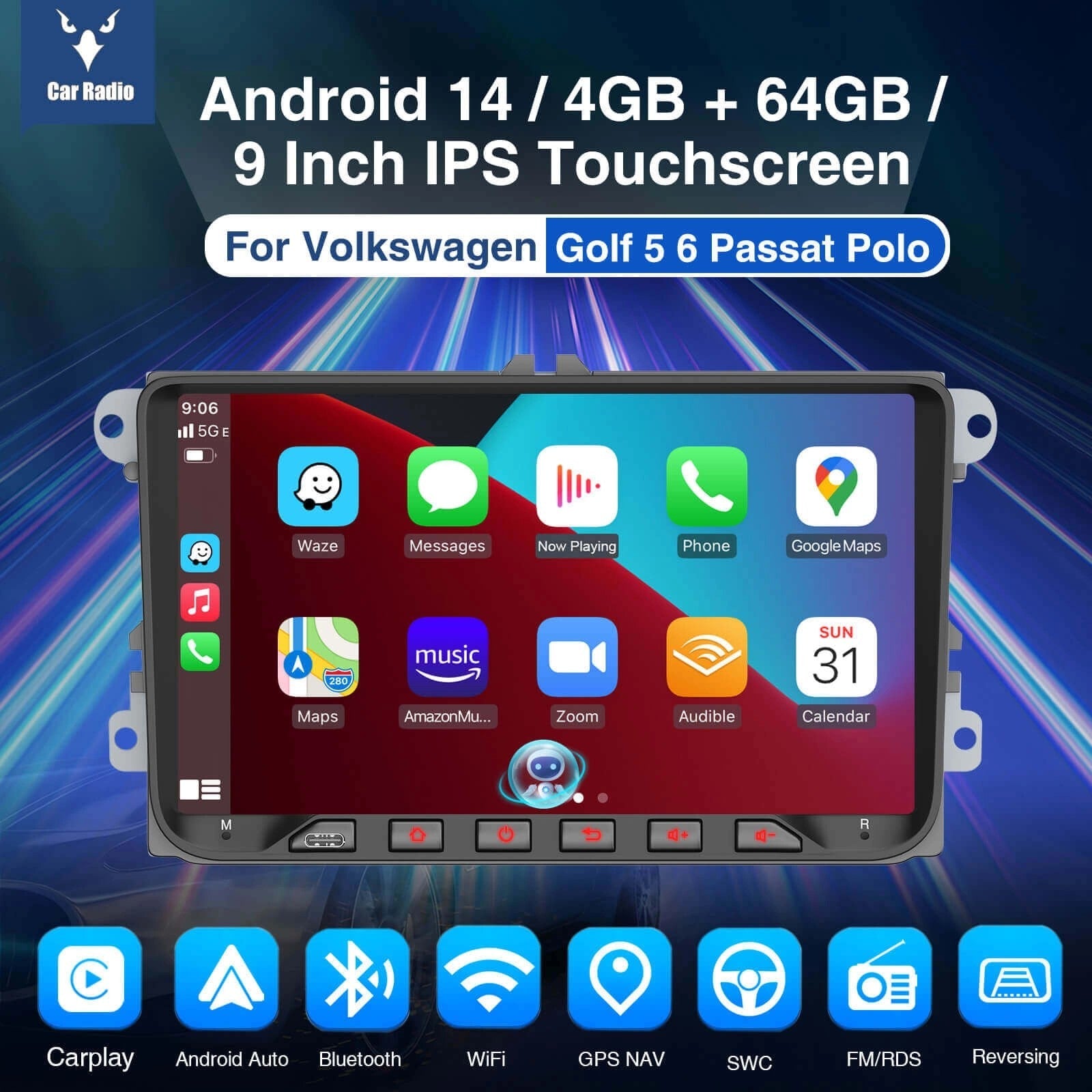 ESSGOOAR9002|MP5Android14,9-inchIPSTouchscreen-ForVolkswagen,Bluetooth4.1AppleCarPlay&AndroidAuto,FM/RDS