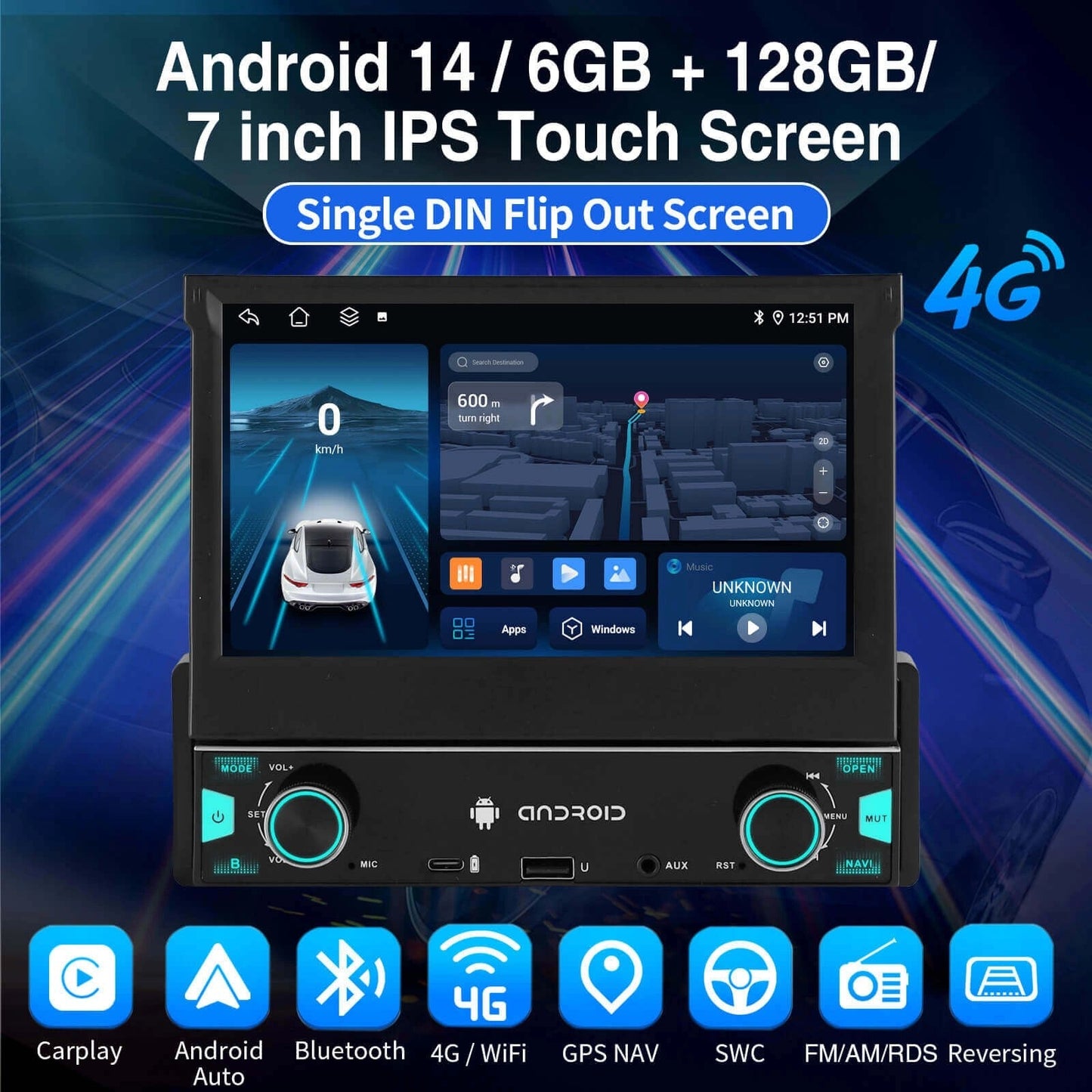 ESSGOOFR7003MP5|Android147-inchHDTouchscreen-SingleDINFlipOutScreen,Bluetooth5.1,WirelessAppleCarPlay&WirelessAndroidAuto,FMRDS