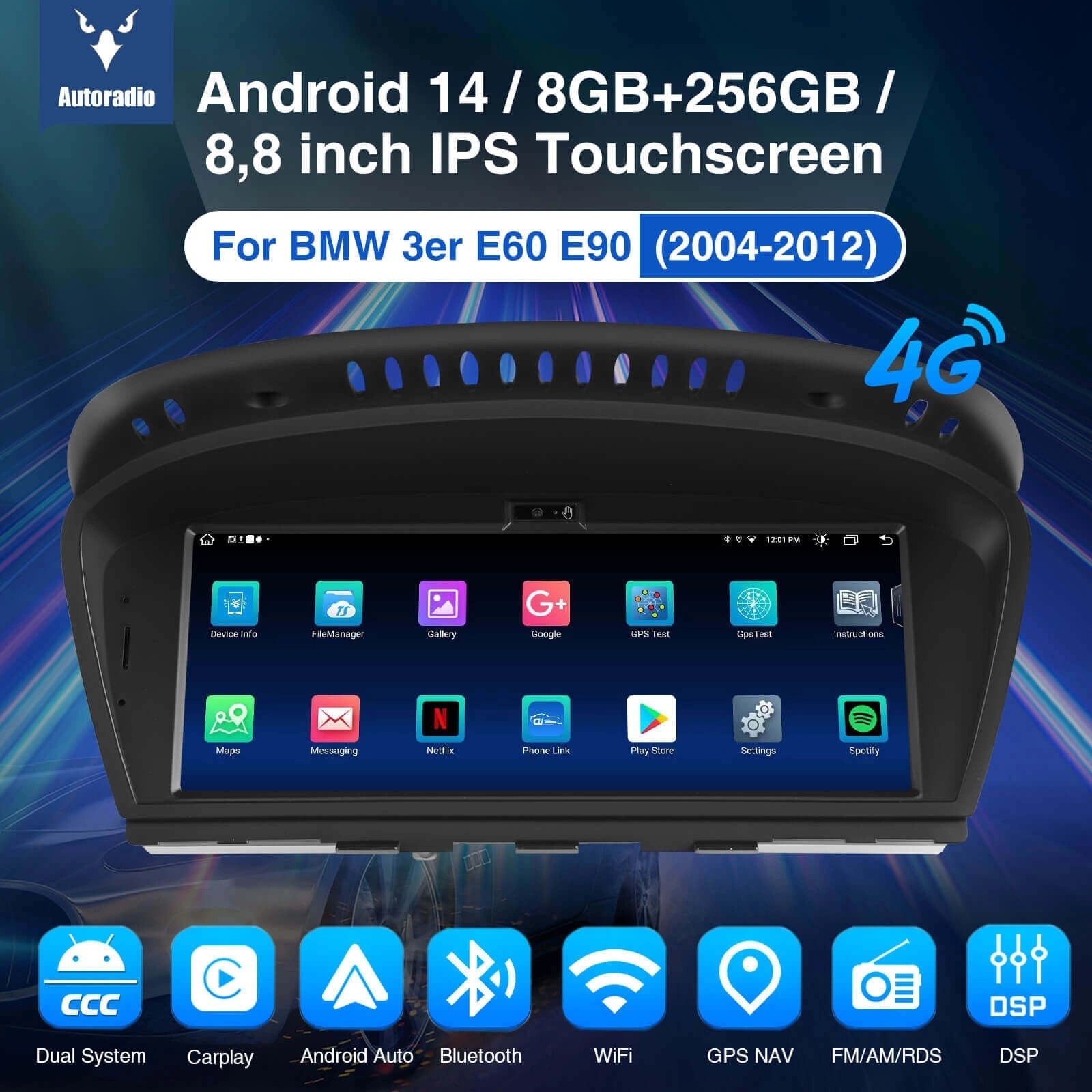 ESSGOOLZ0001|Android14cccDualSystem,8.8-inchIPSTouchscreen-ForBMW3erE60E90,Bluetooth5.0,AppleCarPlay&AndroidAuto,FMRDS