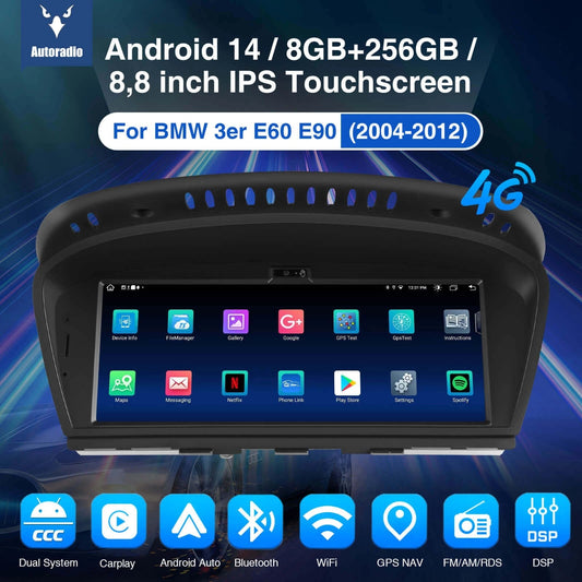 ESSGOOLZ0001|Android14cccDualSystem,8.8-inchIPSTouchscreen-ForBMW3erE60E90,Bluetooth5.0,AppleCarPlay&AndroidAuto,FMRDS