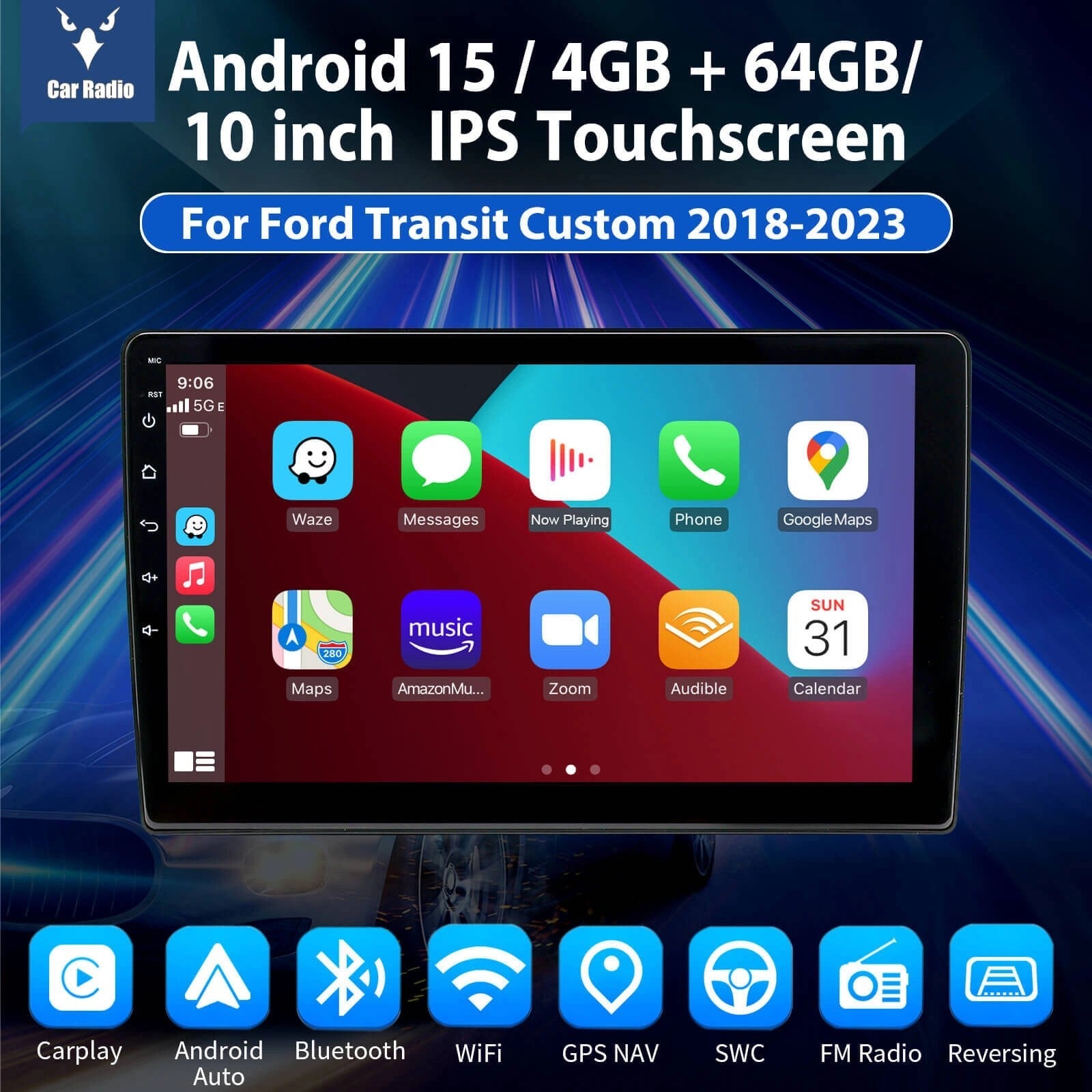 ESSGOOMP5AR1001|Android1510-inchIPSTouchscreen-ForFordTransitCustom2018-2023,Bluetooth4.1,WirelessAppleCarPlay&WirelessAndroidAuto,FM