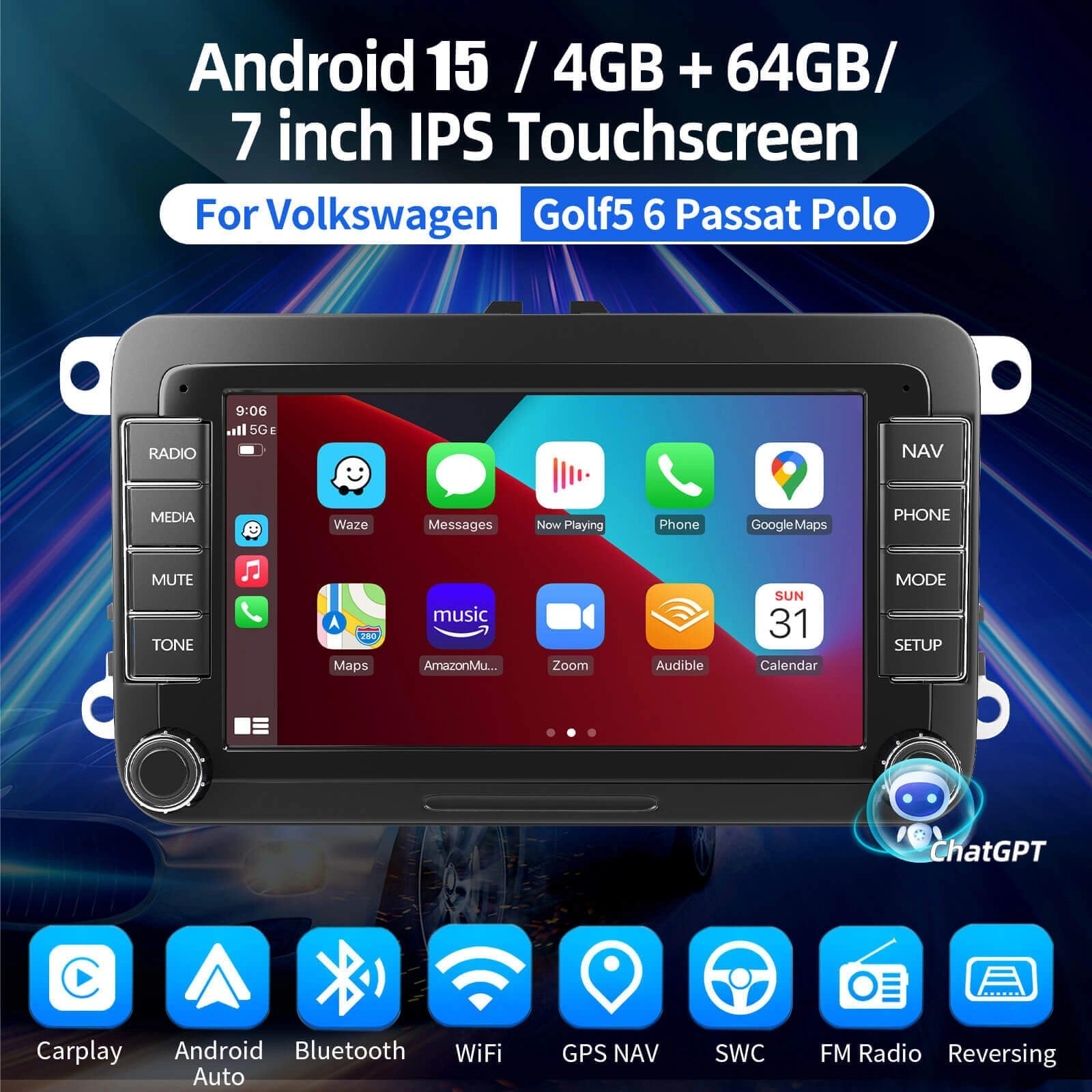 ESSGOOMP5AR7002|Android15,7-inchIPSTouchscreen-ForVolkswagenGolf56PassatPolo,Bluetooth4.1,AppleCarPlay&AndroidAuto