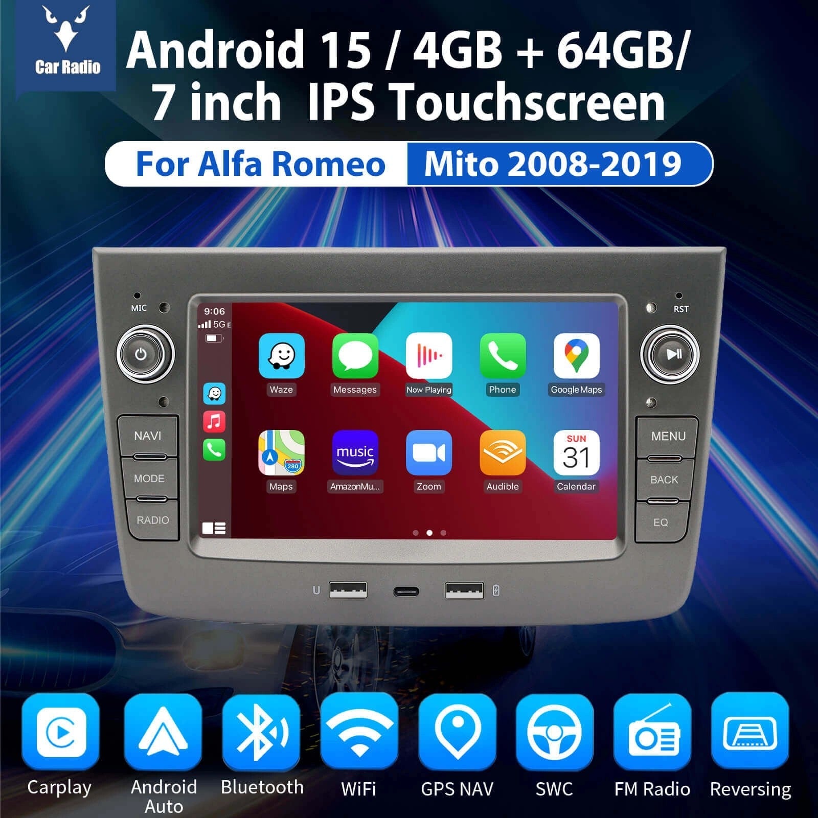 ESSGOOMP5AR7005|Android15,7-inchIPSTouchscreen-ForAlfaRomeoMito2008-2019,Bluetooth4.1,AppleCarPlay&AndroidAuto,FMRDS