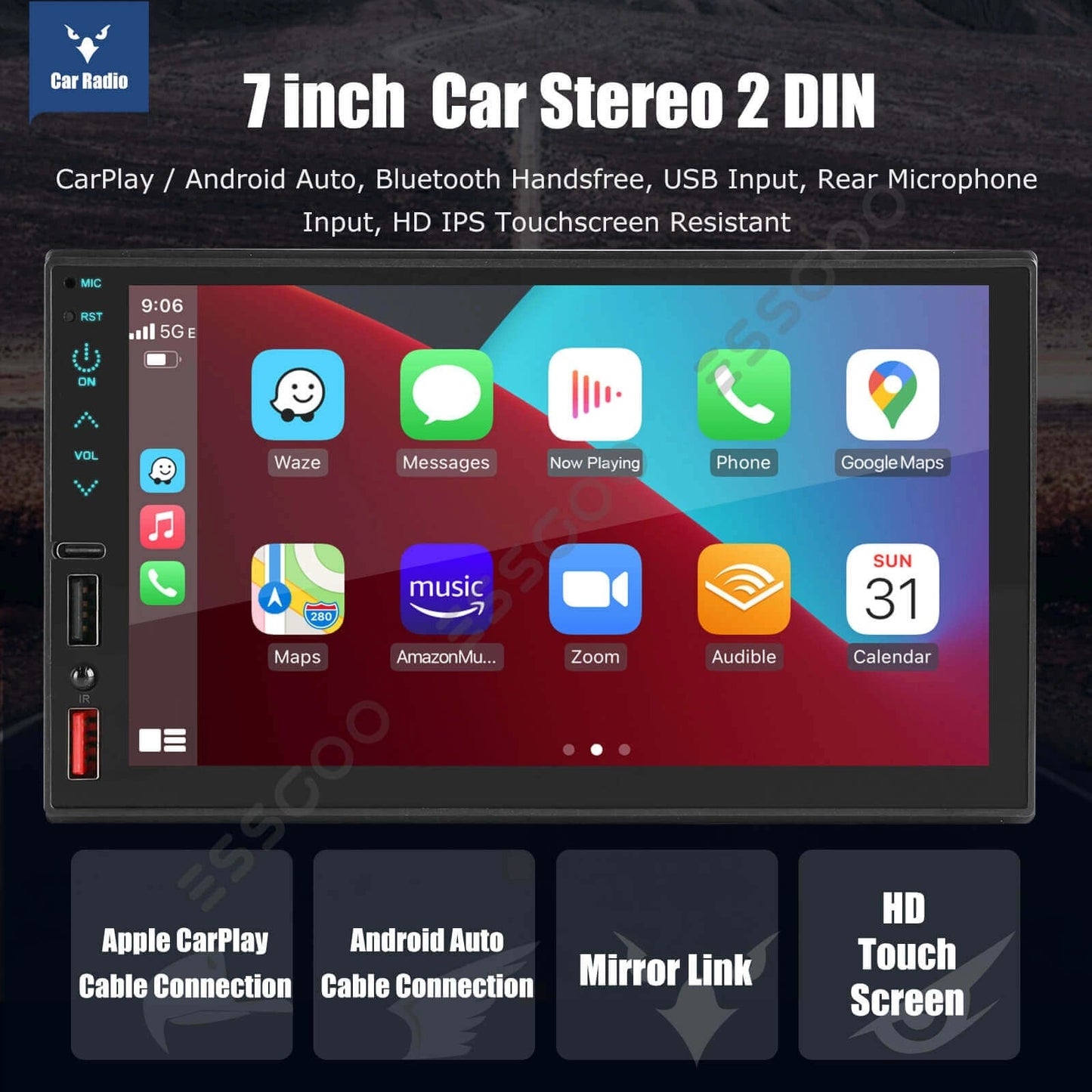 ESSGOOMP5FS02W|7InchHDTouchscreen2DIN,Bluetooth5.1,WiredAppleCarPlay&WiredAndroidFMUSB