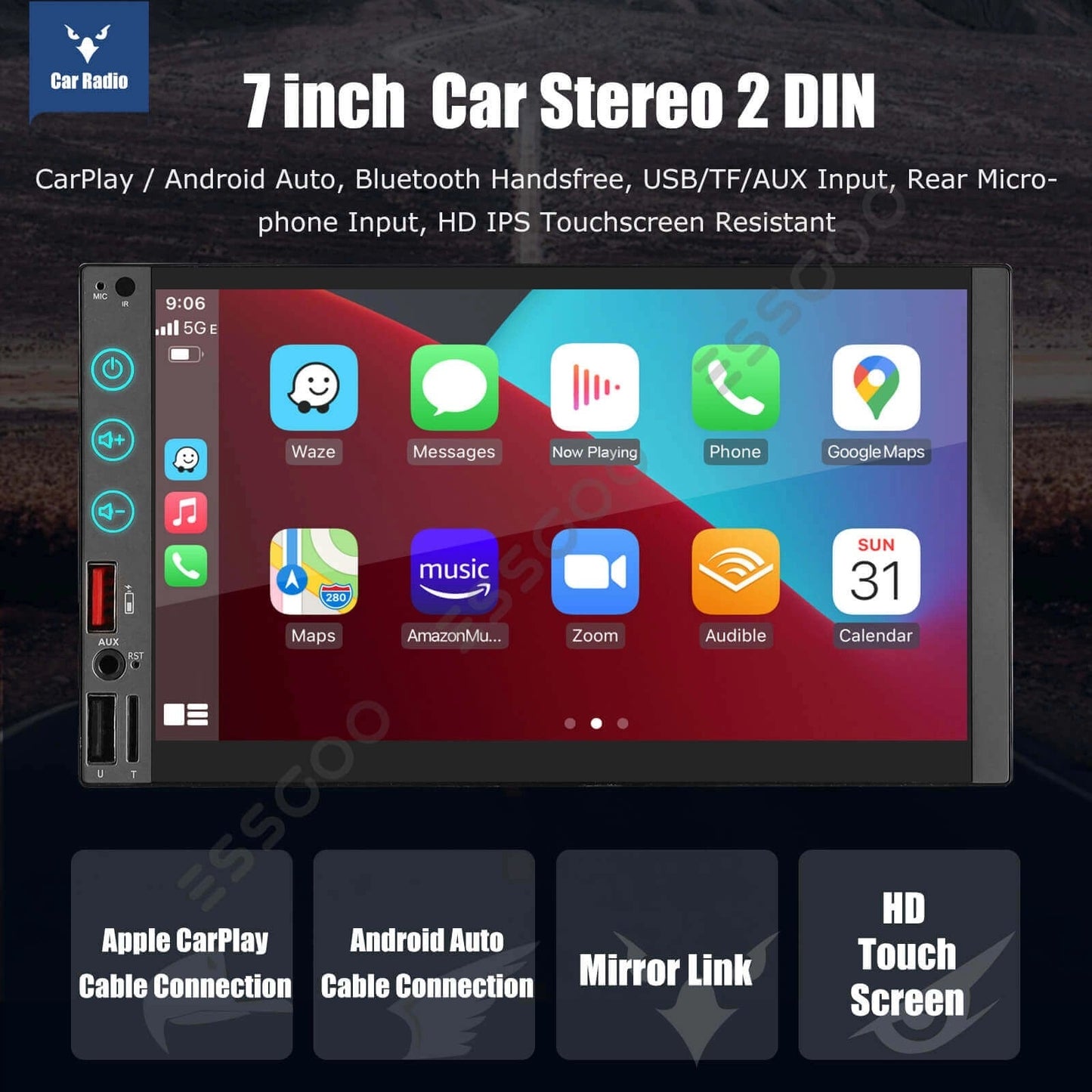 ESSGOOMP5SWM9323|2DIN,Wincesystem7-inchHDIPSTouchscreenCarStereo,Bluetooth5.1,WiredCarPlay&WiredAndroidAuto,FMUSBTFAUX