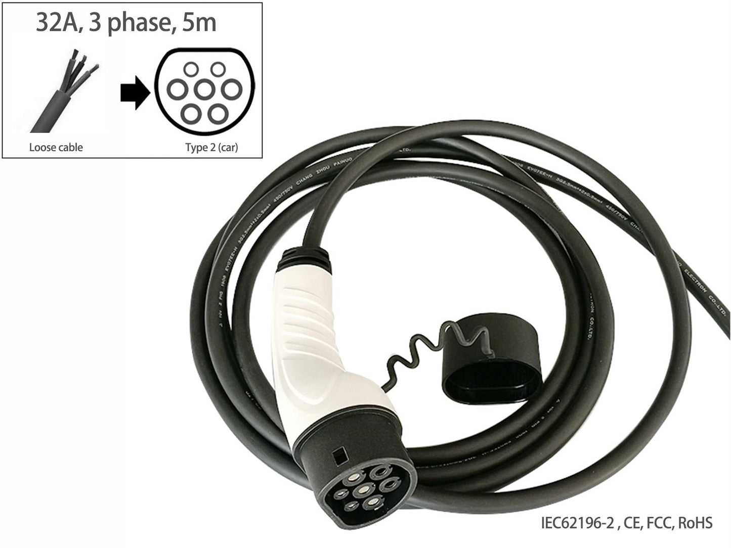 EVchargingcable,LoosecabletoType2(car),32A,3phase,5m,Fisher