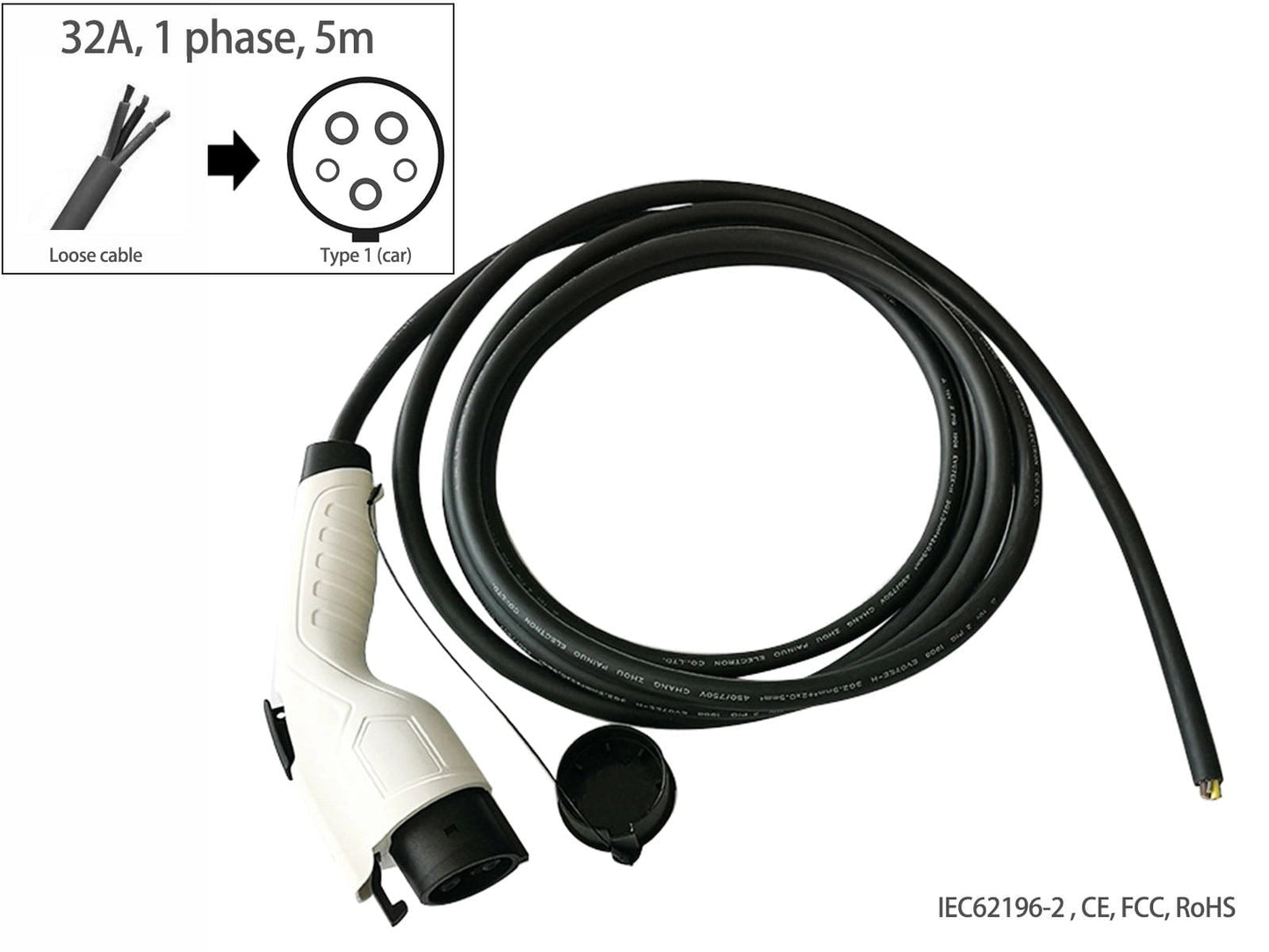 EVchargingcable,LoosecabletoType1(car),32A,singlephase,5m,Fisher