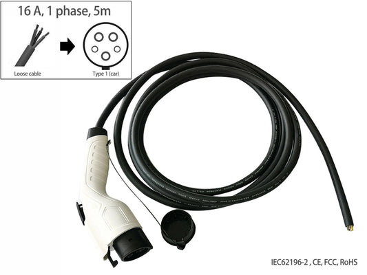 EVchargingcable,LoosecabletoType1(car),16A,singlephase,5m,Fisher