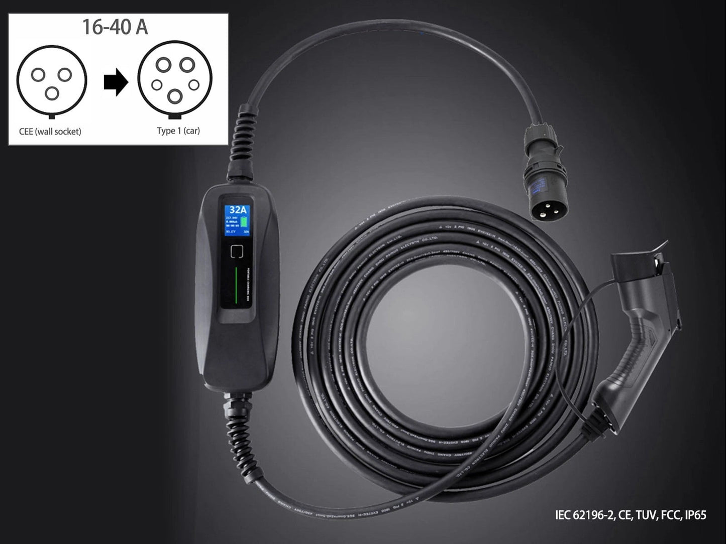 PortableEVChargerwithLCDDisplay,CEE(wallsocket)toType1(car),16-40A,5m,Besen