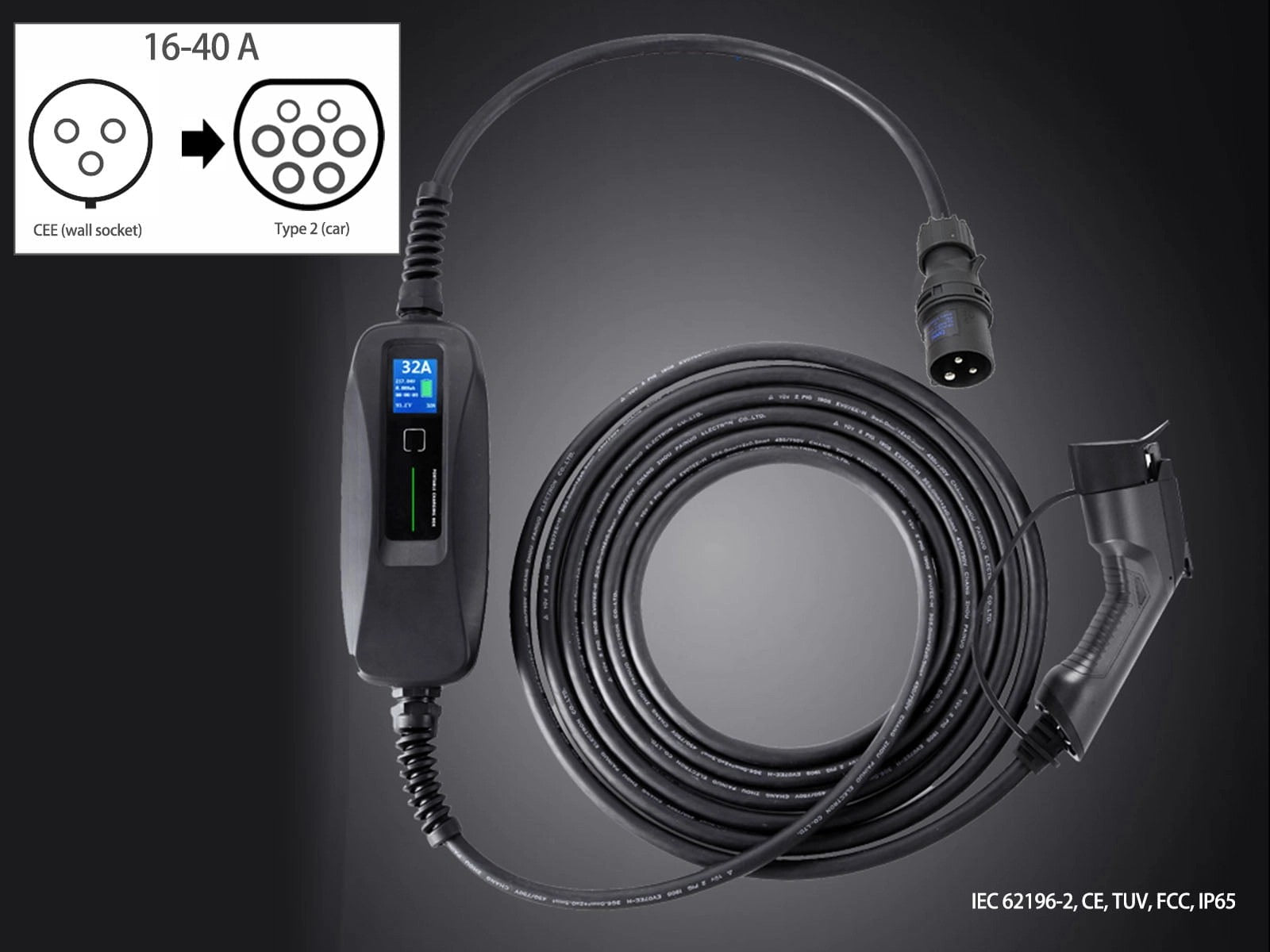 PortableEVChargerwithLCDDisplay,CEE(wallsocket)toType2(car),16-40A,5m,Besen