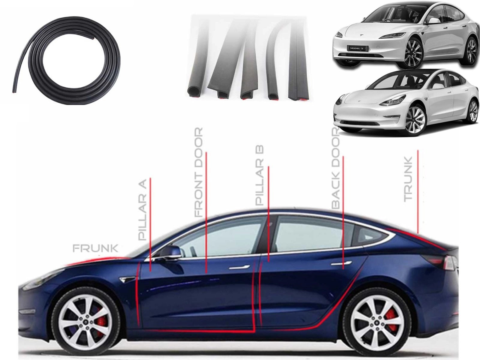 TeslaModel3(incl.2024Highland):RubberSealStripsforDoors+Frunk+Trunk